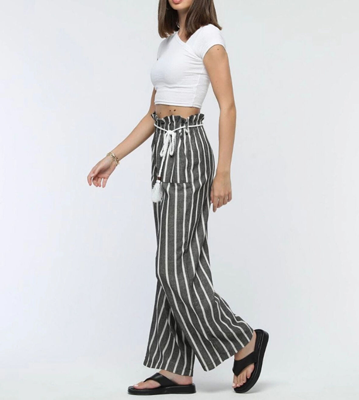 1020 ÇİZGİLİ İP KEMERLİ KETEN PANTOLON