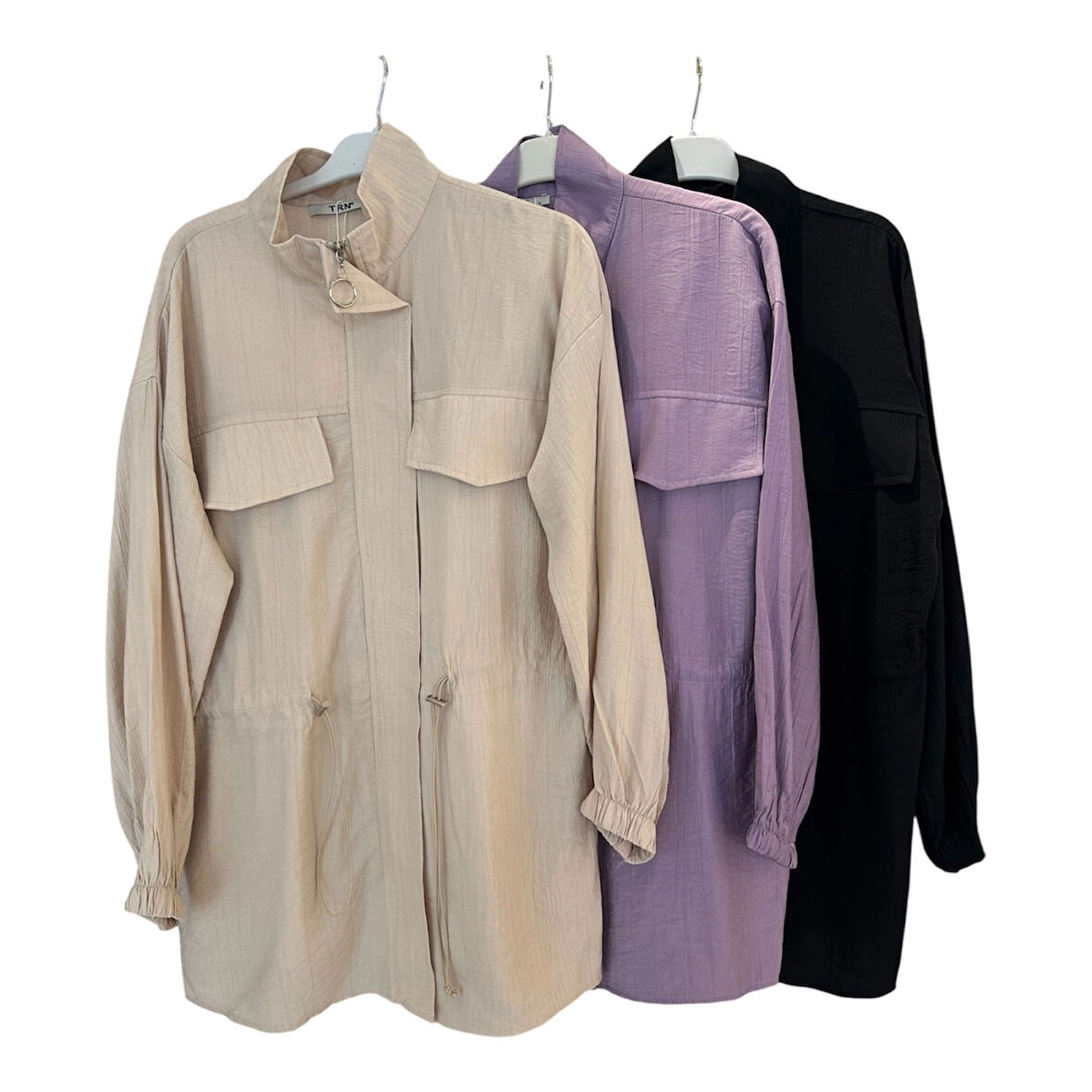 1602 SÜS YAKA CEPLİ BELİ AYARLANABİLİR LASTİKLİ FERMUARLI TUNİK/HIRKA