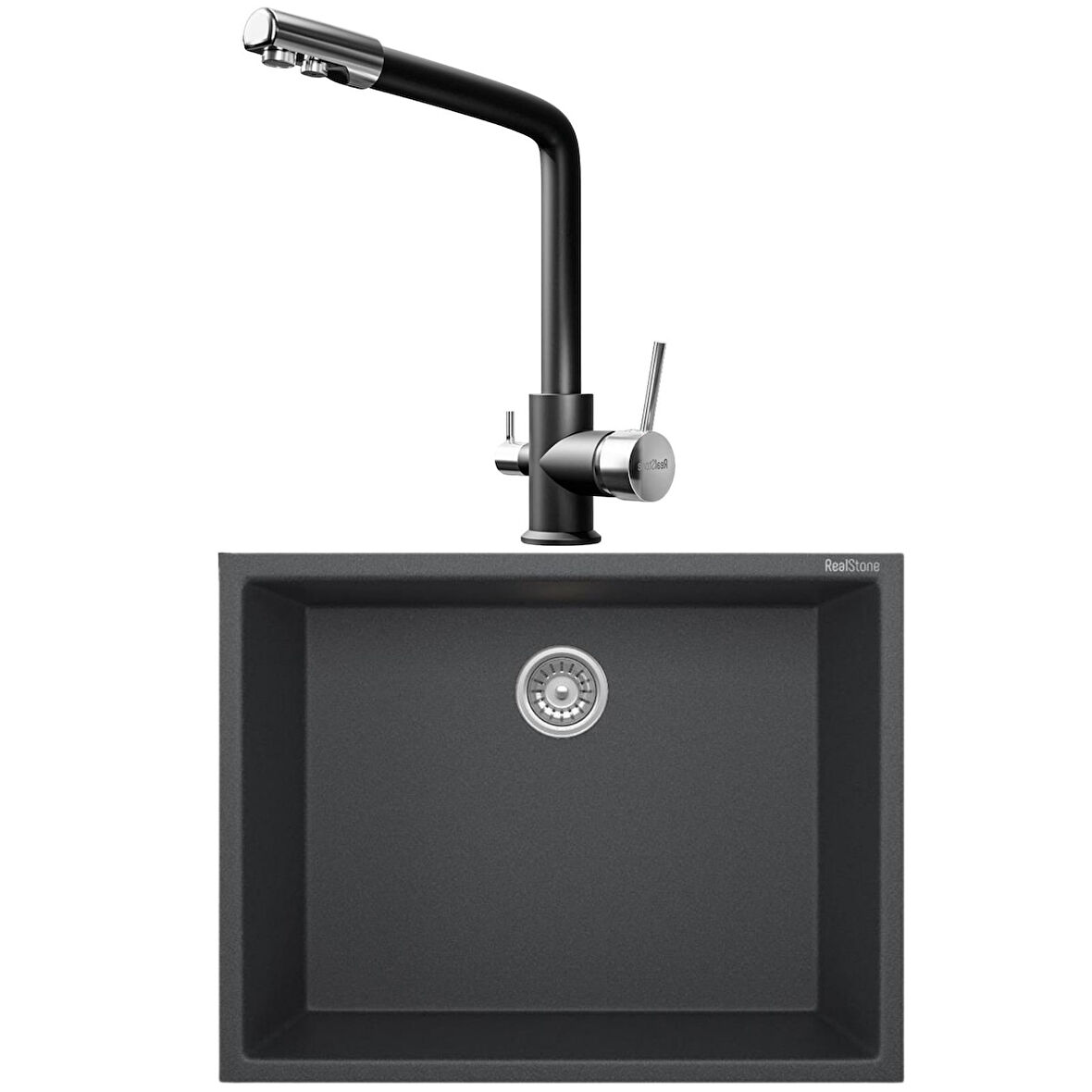 Real Stone K012 Siyah Mutfak Evyesi + Abant Siyah Arıtmalı Mutfak bataryası