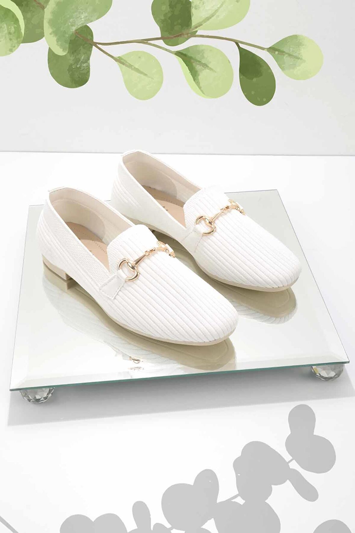 Bambi Beyaz Triko  Kadın Loafer Ayakkabi K01320302082
