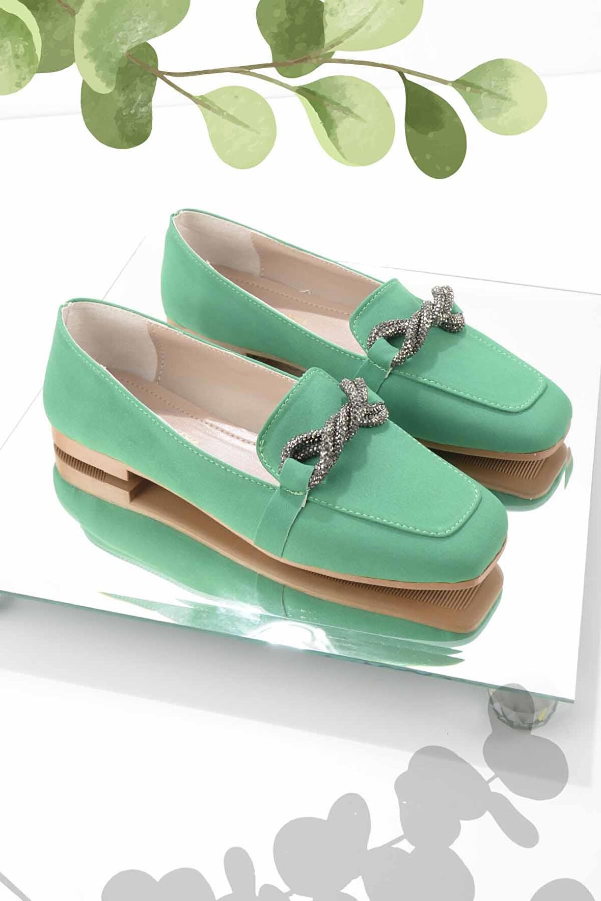 Bambi Mat Yesil Saten  Kadın Loafer Ayakkabi K01641166438
