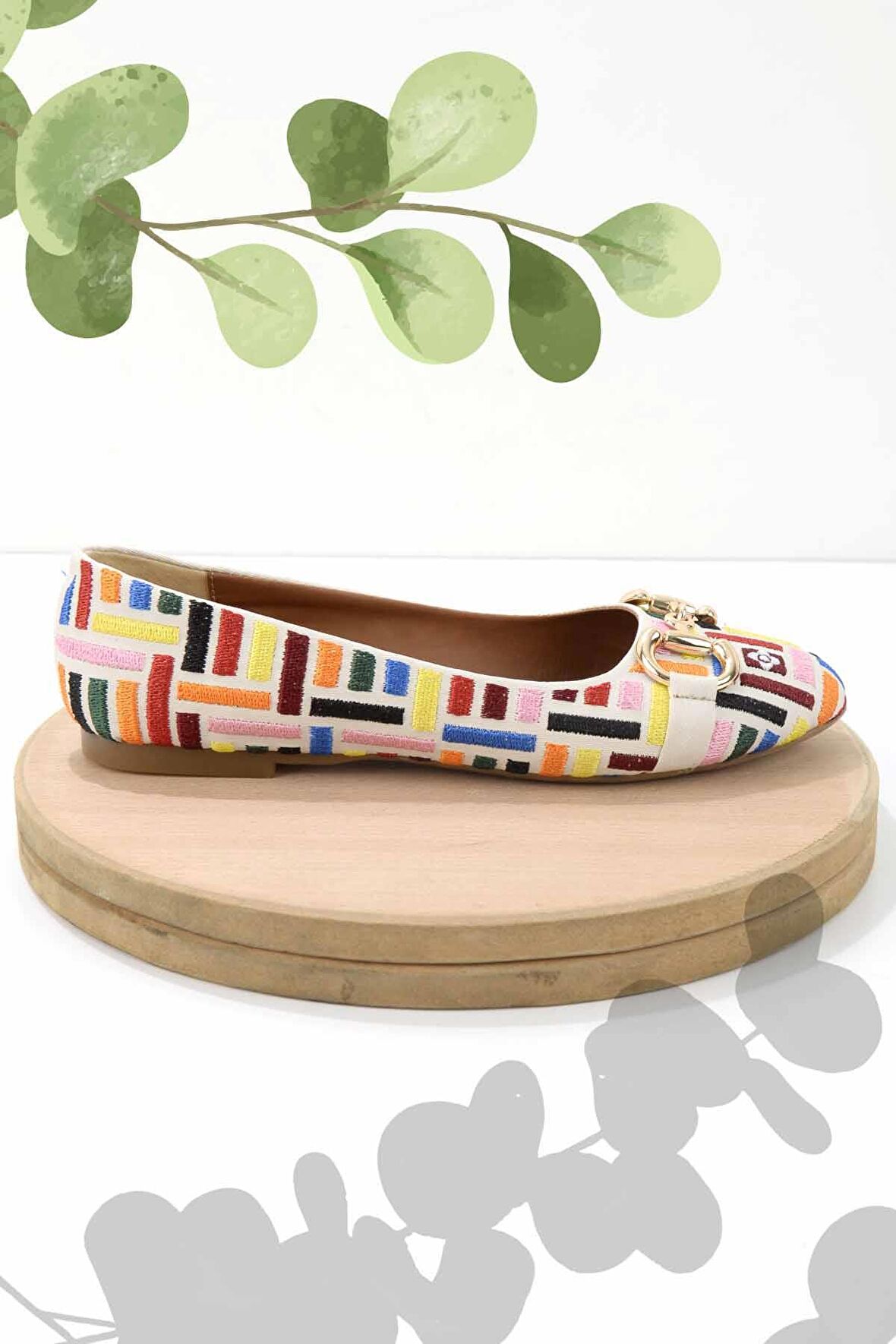 Bambi Ekru Nakisli  Kadın Loafer Ayakkabi K01641167082