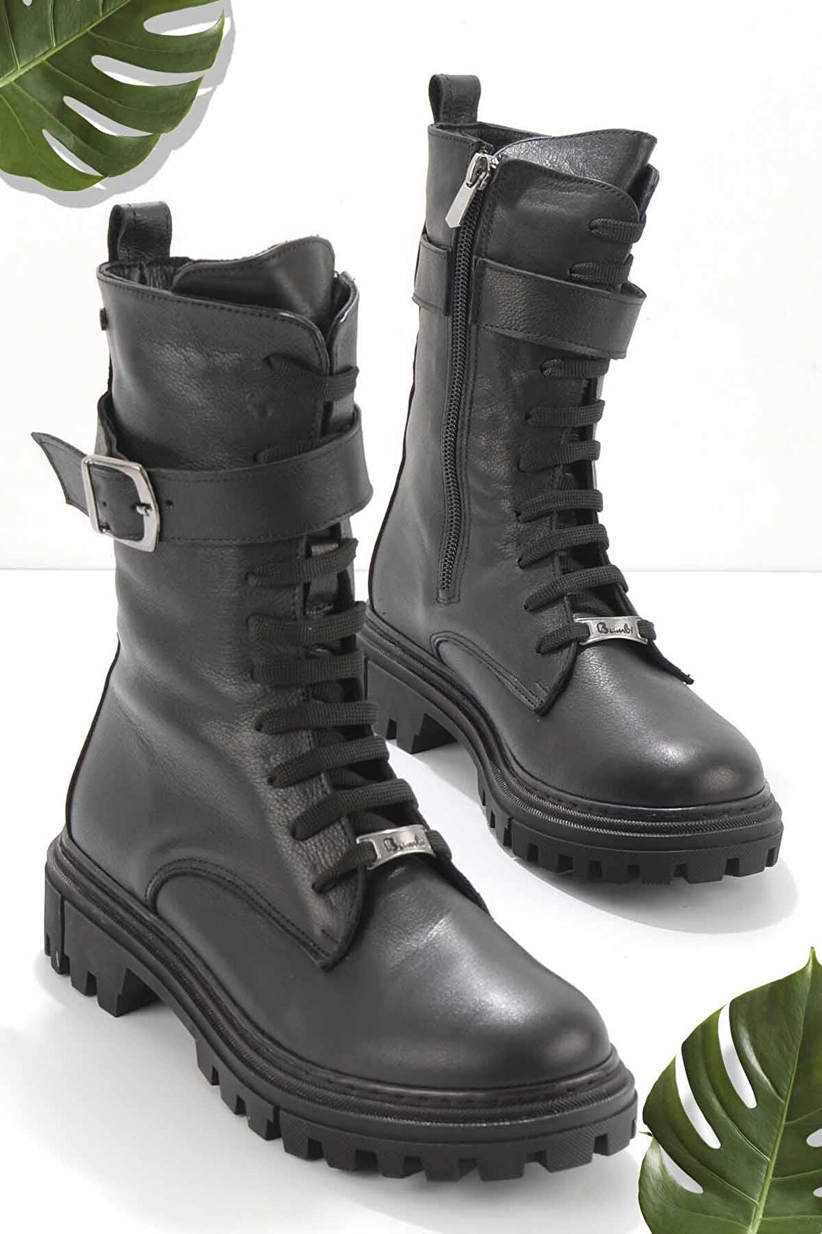 Bambi Siyah Hakiki Deri Kadın Bot & Bootie K02178300503