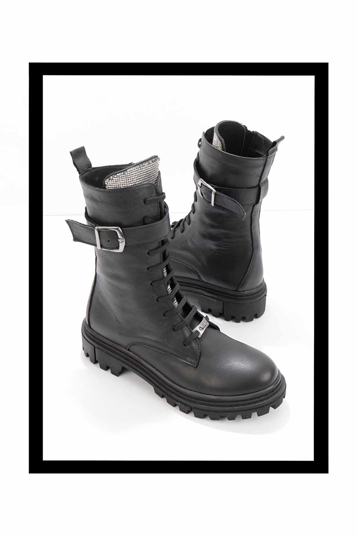 Siyah Platin Taşlı Hakiki Deri Kadın Bot & Bootie K02178001603