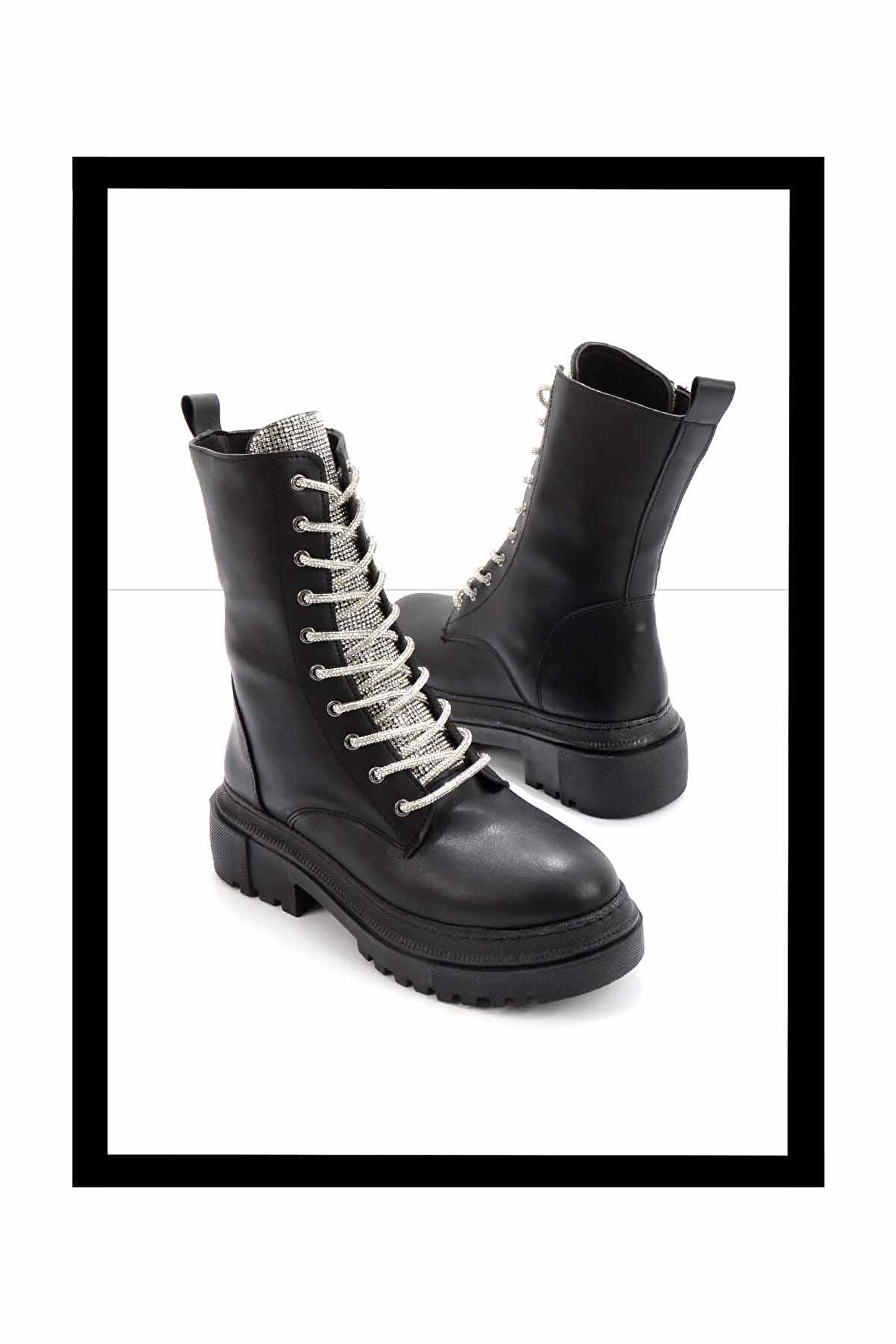 Siyah Lame Taşlı  Kadın Bot & Bootie K02503901209