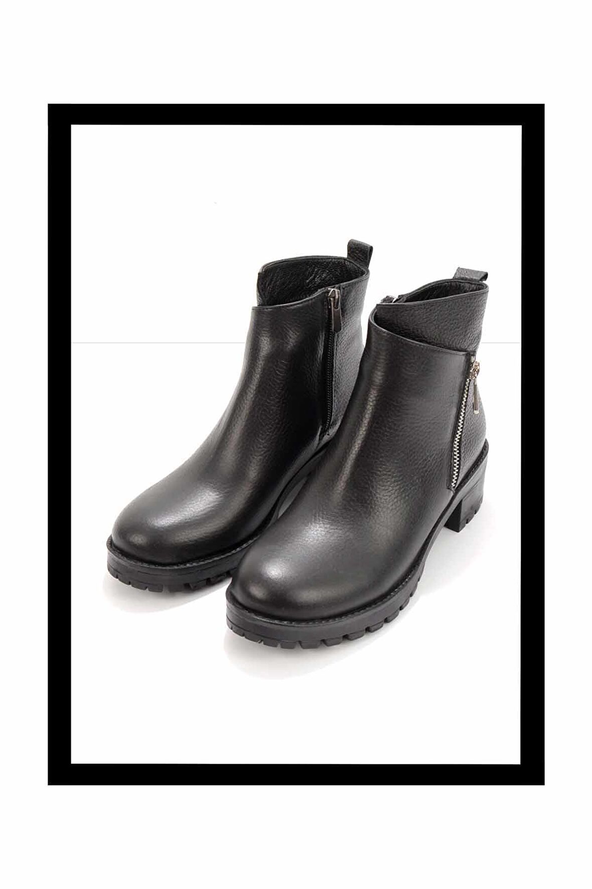 Siyah Hakiki Deri Kadın Bot & Bootie K02531230203