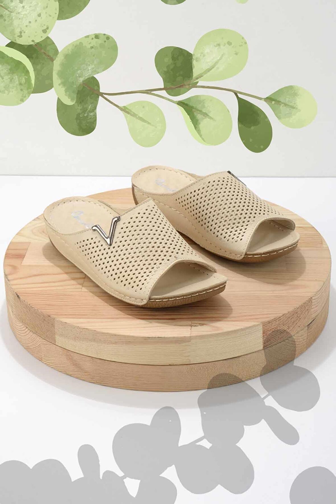 Bej Hakiki Deri Kadın Terlik K04278222203