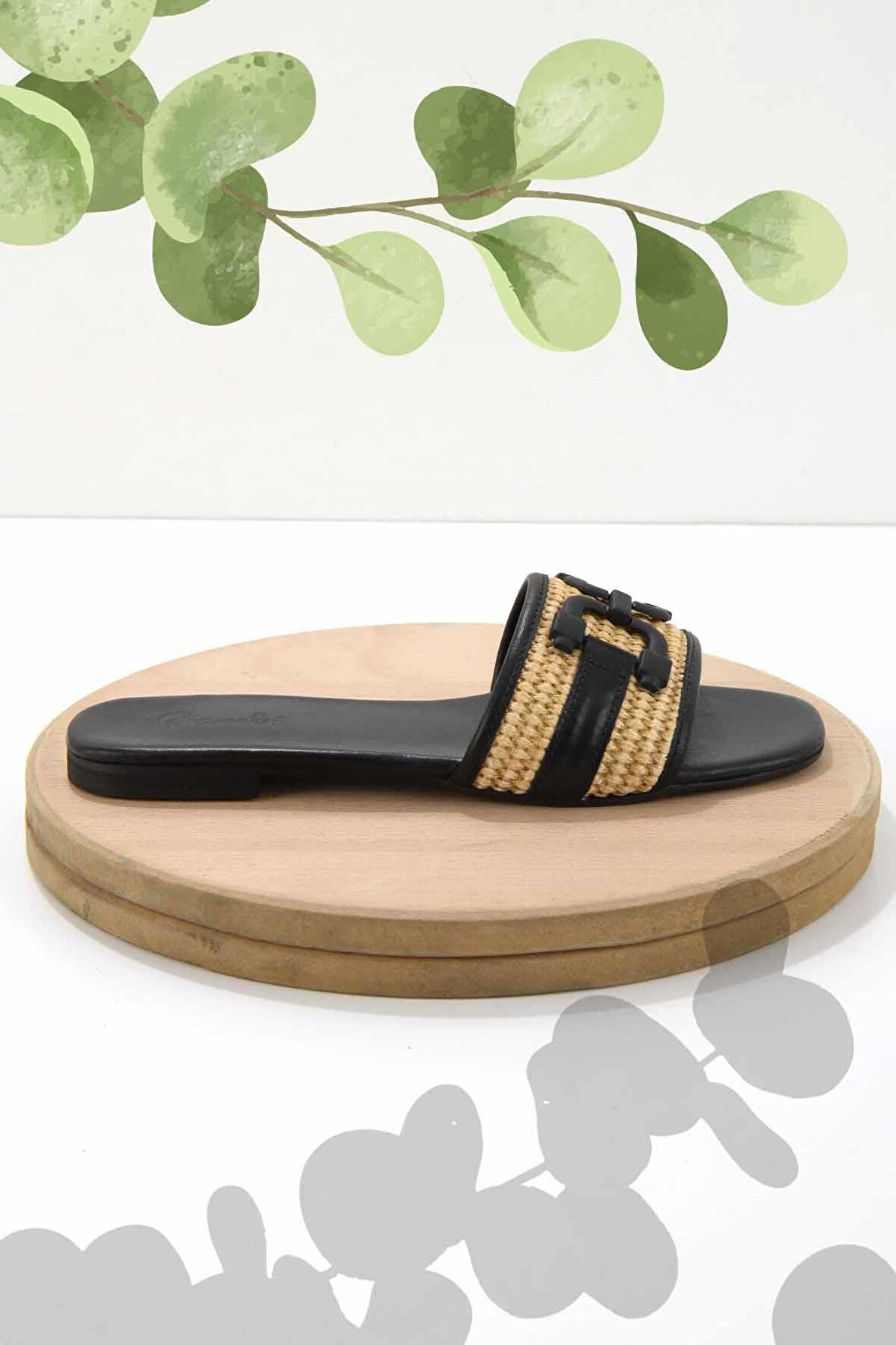 Bambi Bej Siyah Hasir  Kadın Terlik K04862001728