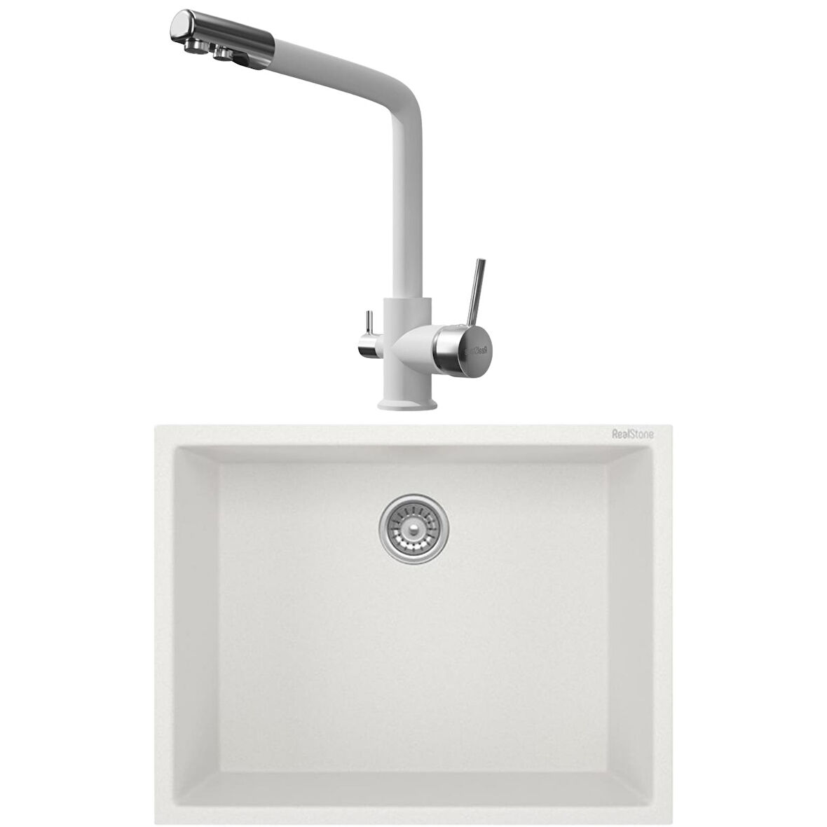 Real Stone K012 Beyaz Mutfak Evyesi + Abant Beyaz Arıtmalı Mutfak bataryası