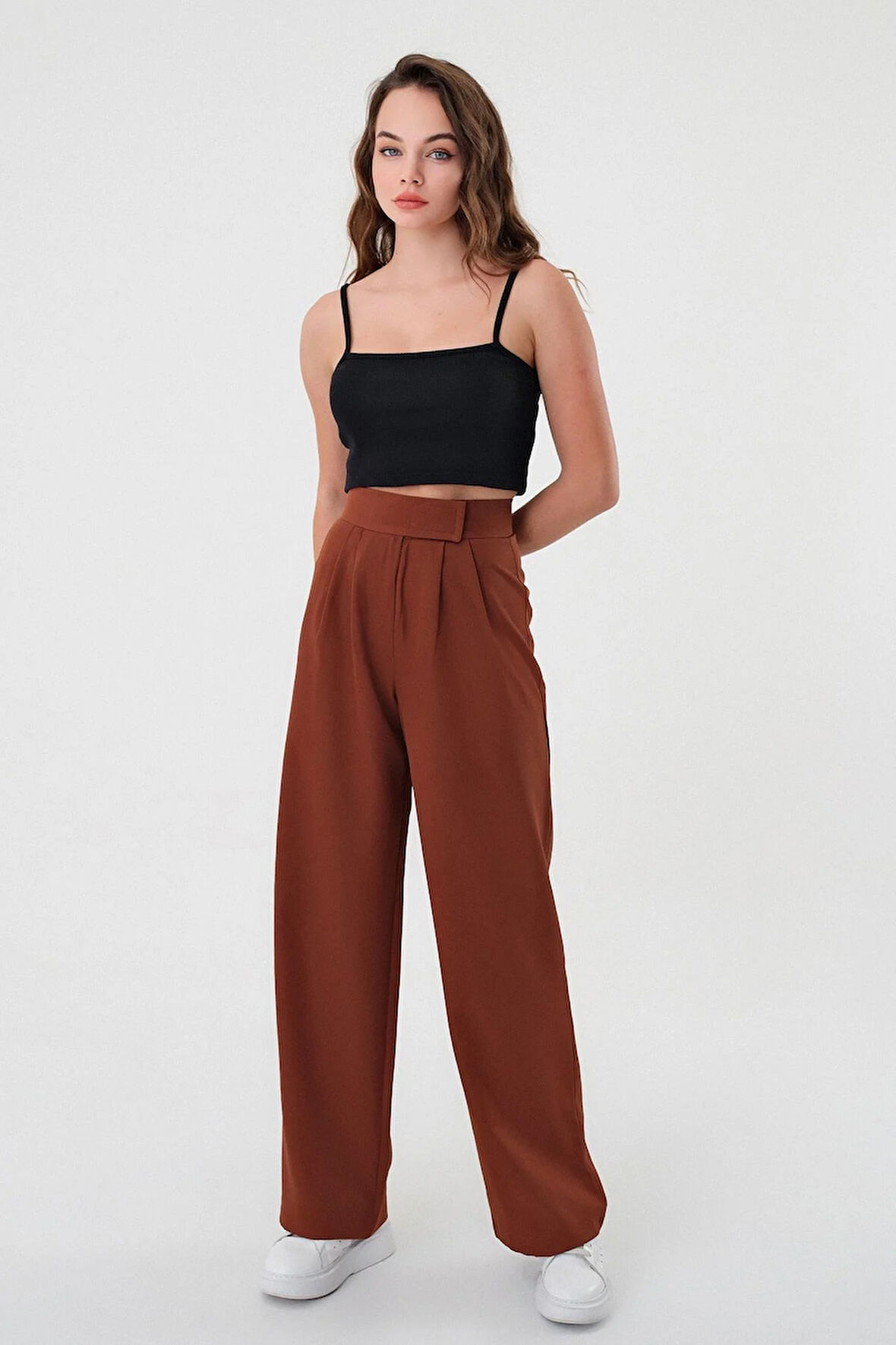 Kadın Kahverengi Yüksek Bel Cırtlı Palazzo Pantolon