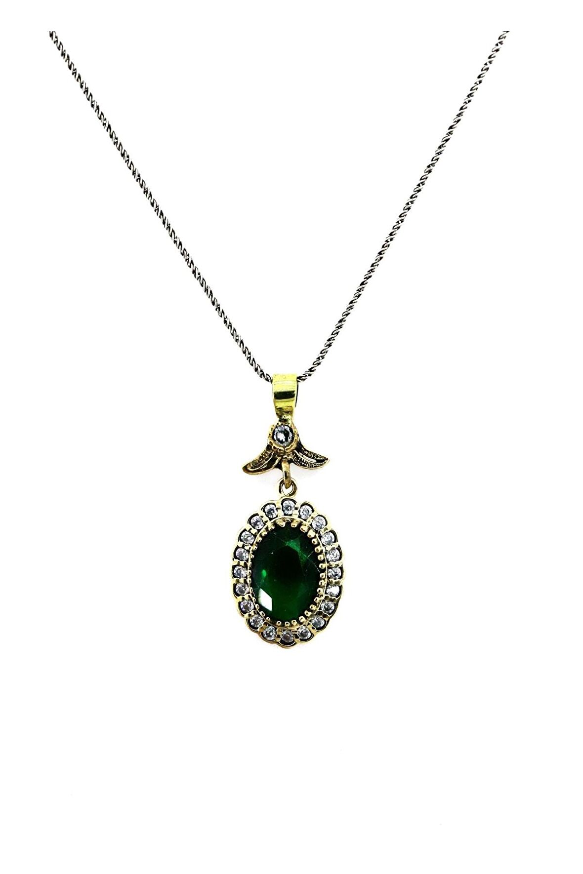 Oval Motifli Zümrüt Taşlı Otantik Kolye