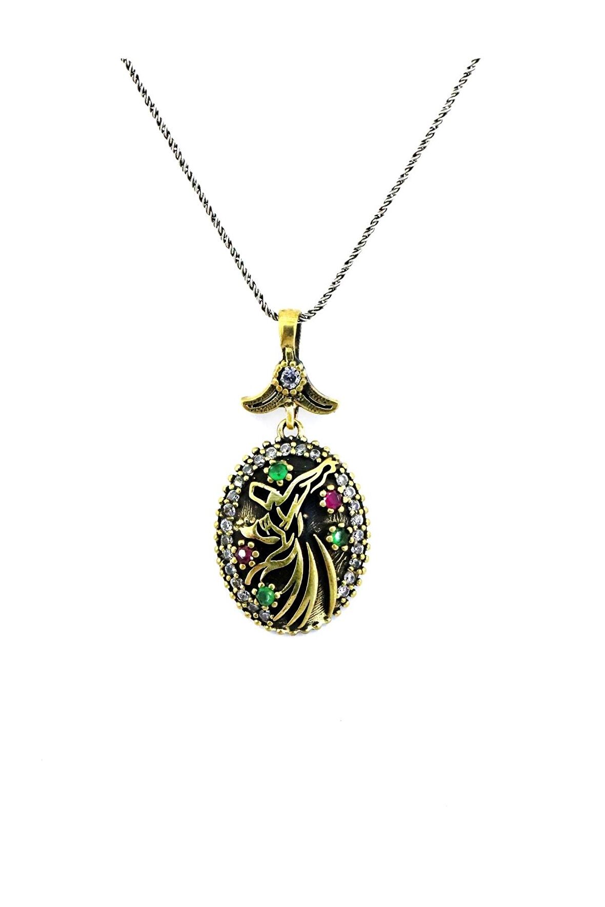 Mevlana Motifli Oval Otantik Gümüş Kolye