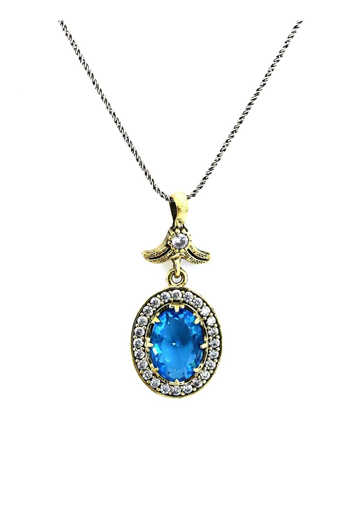 Oval Motifli Akuamarin Taşlı Otantik Kolye