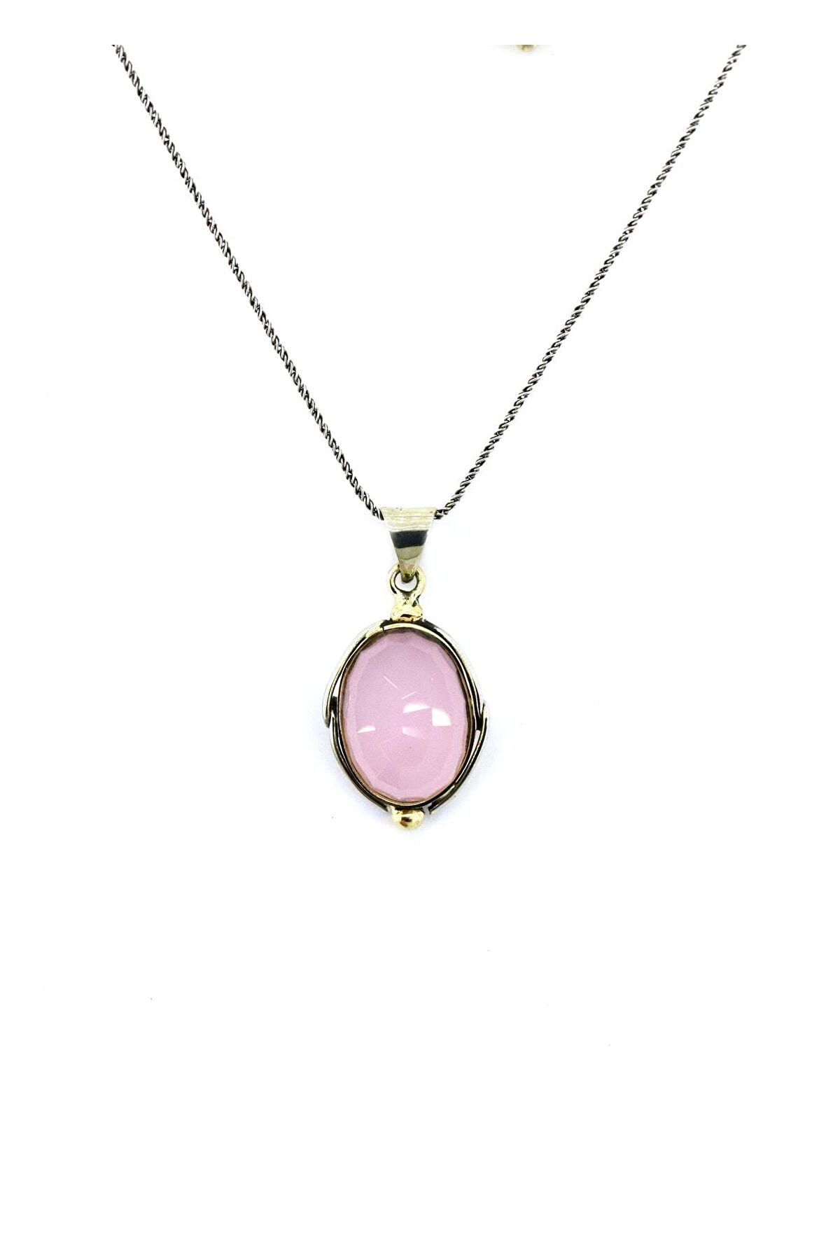 925 Ayar Pembe Kuvars Taşlı Otantik Gümüş Kolye