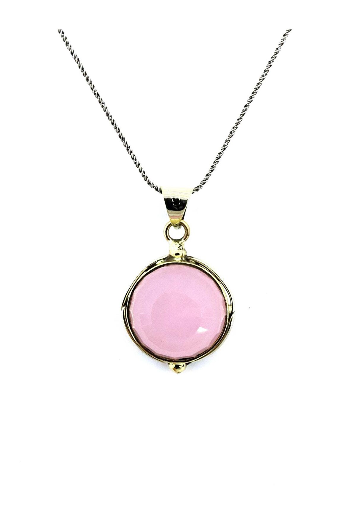 925 Ayar Pembe Kuvars Taşlı Otantik Gümüş Kolye