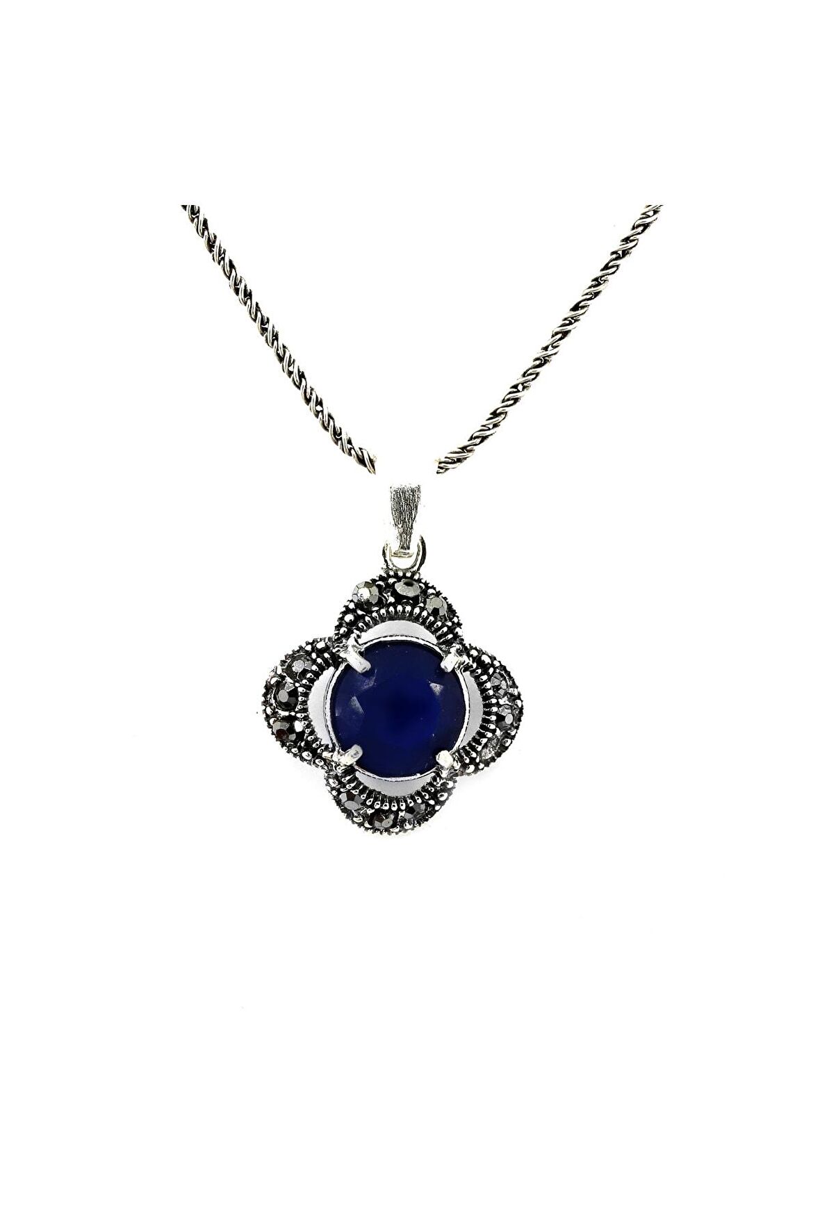 925 Ayar Safir Taşlı Markazit Gümüş Kolye