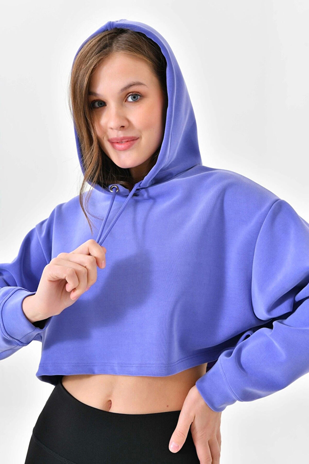 Kadın Crop Sweatshirt Oversize Uzun Kollu Balon Kol Kapuşonlu