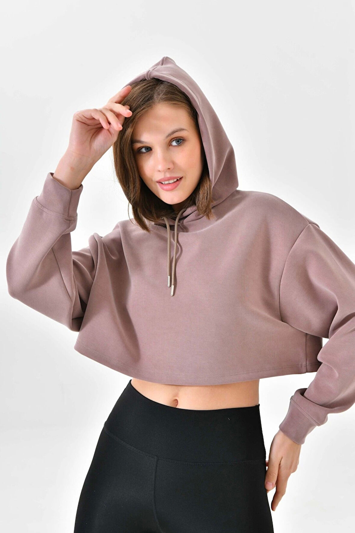 Kadın Crop Sweatshirt Oversize Uzun Kollu Balon Kol Kapuşonlu