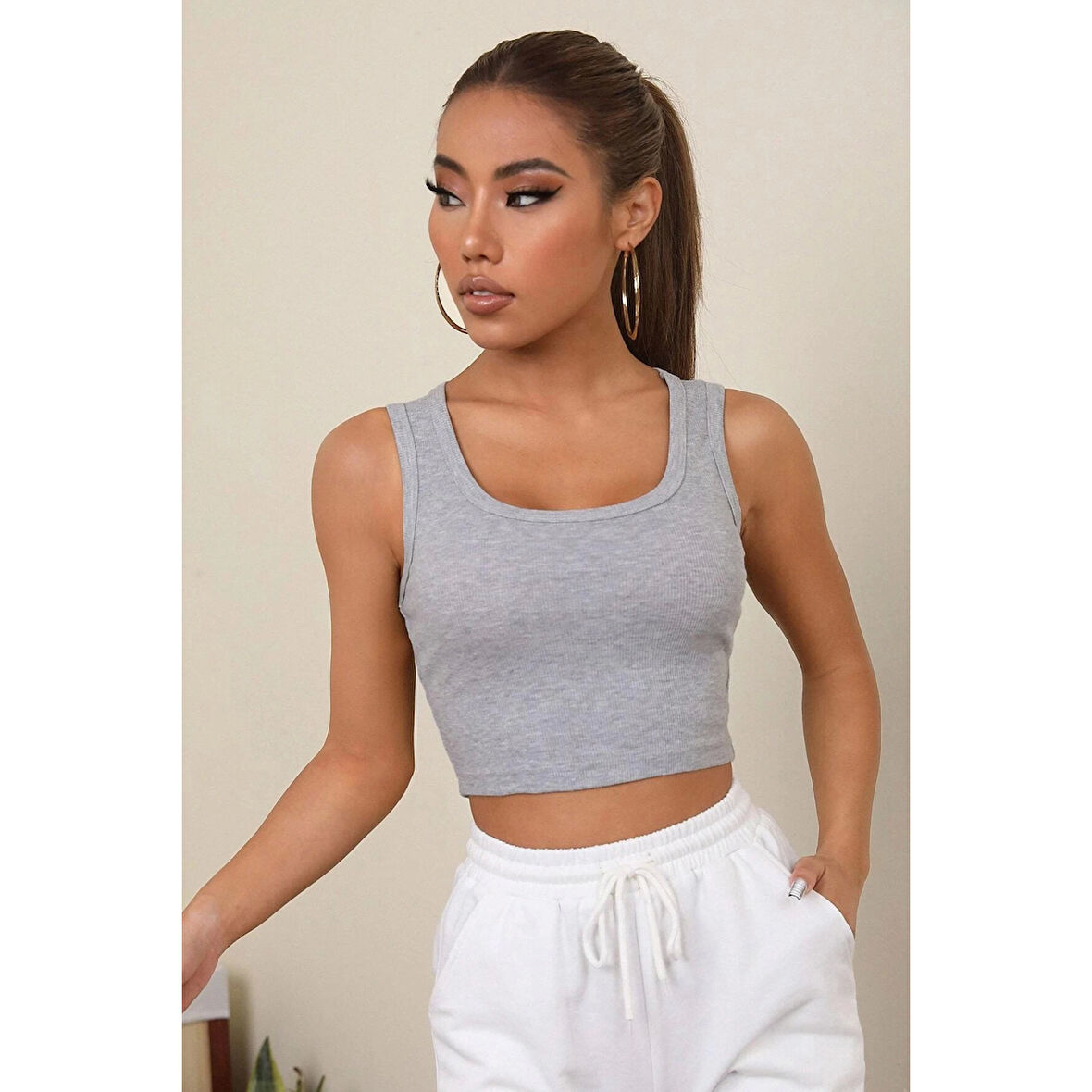 MARSiLYAN- Kadın Gri Kare Yaka Crop Top Bluz