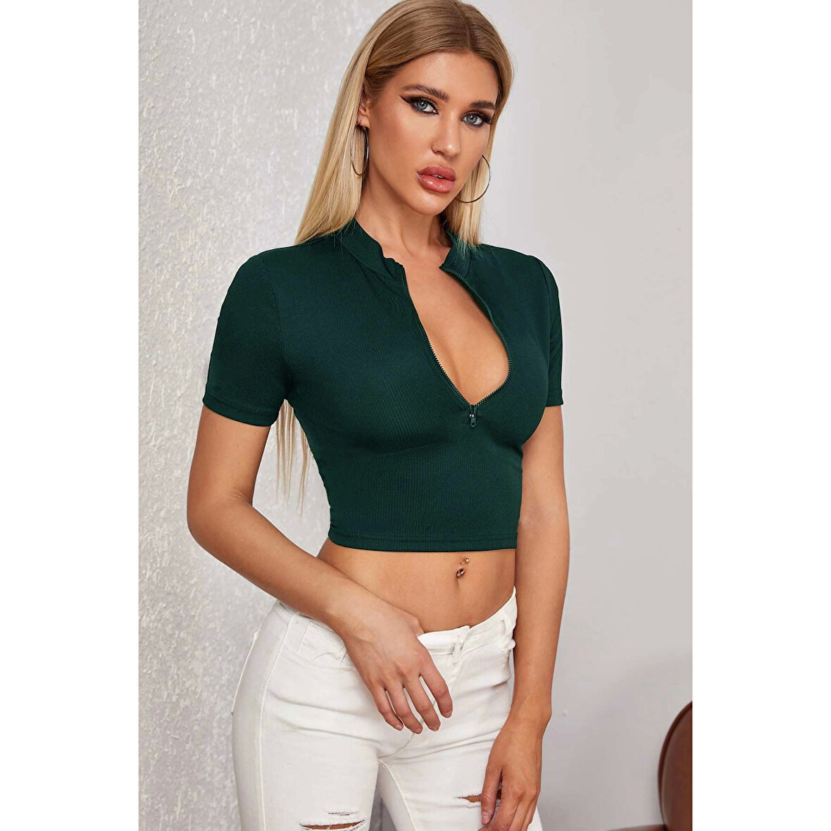 MARSiLYAN- Kadın Yeşil Yarım Fermuarlı ve Kısa Kollu Crop Top Bluz