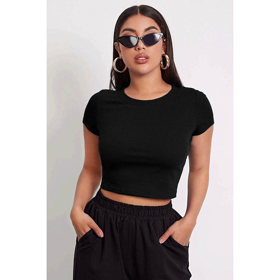 MARSiLYAN- Kadın Siyah Yuvarlak Yaka Yarım Kol Crop Top Bluz