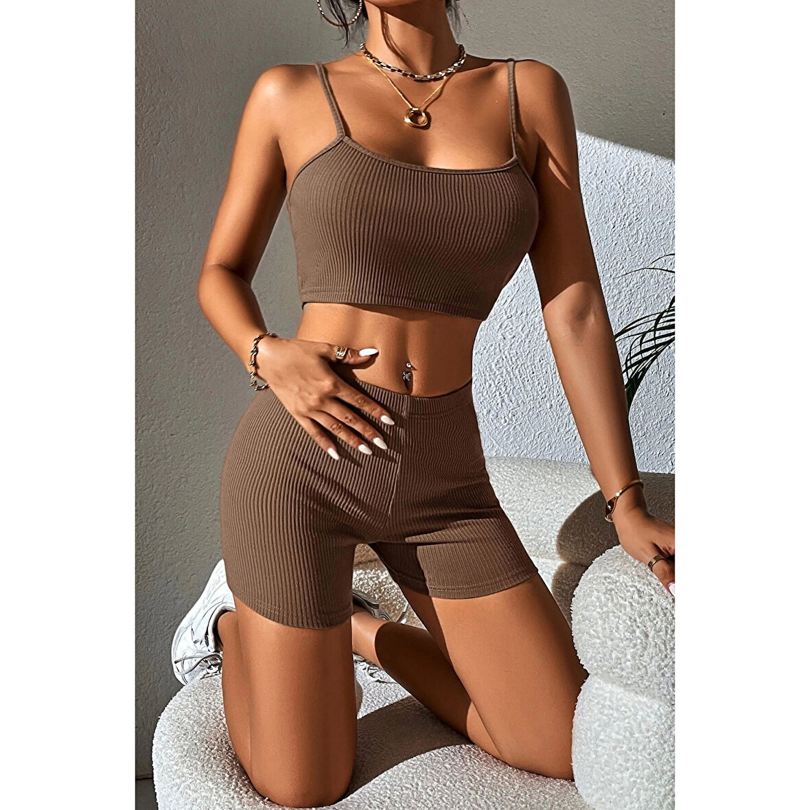 MARSiLYAN- Kadın Kahverengi Şortlu Kaşkorse Gecelik Takım