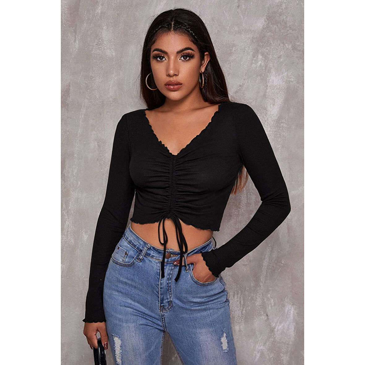 MARSiLYAN- Kadın Siyah Uzun Kollu Büzdürme Bağcık Detaylı Crop Top Bluz