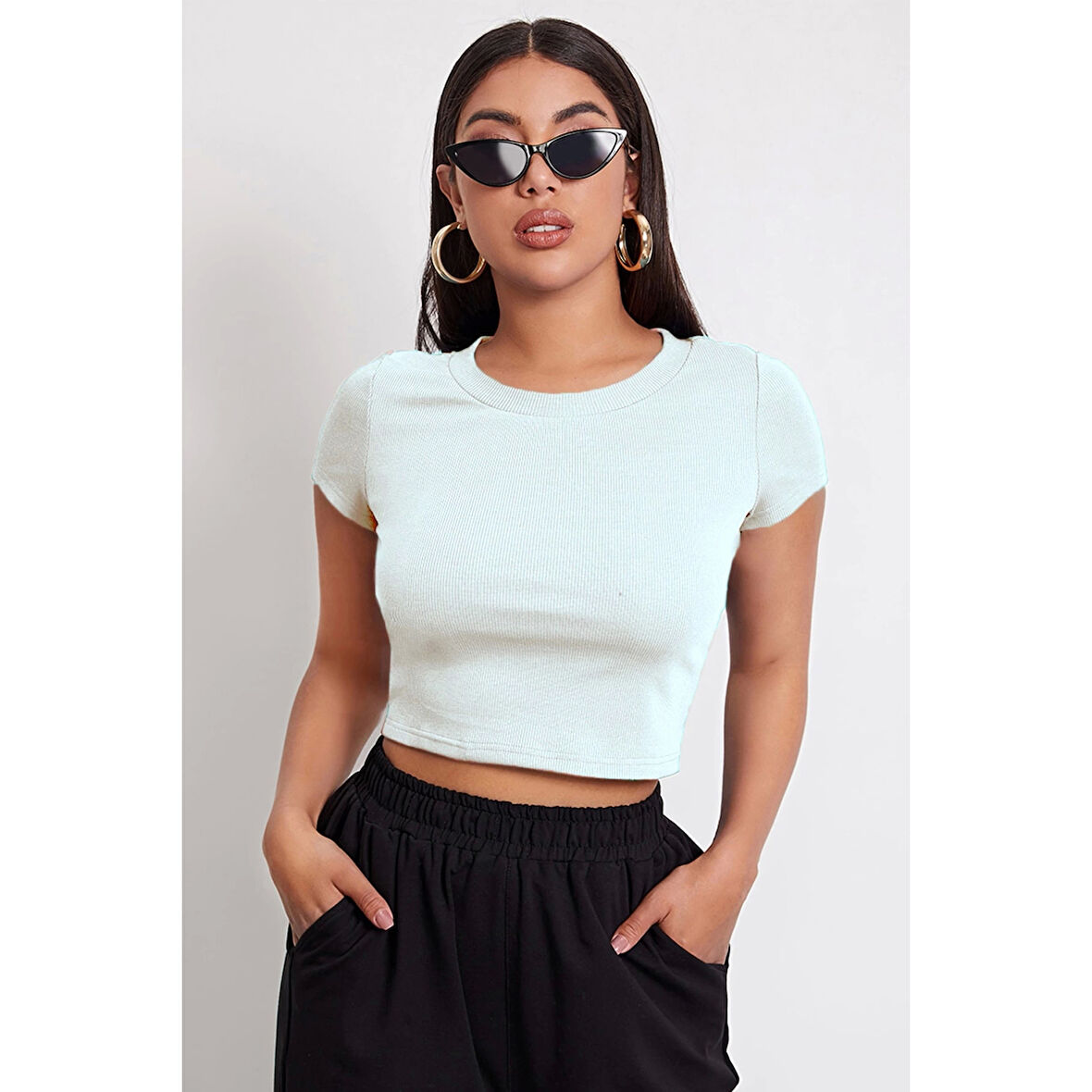 MARSiLYAN- Kadın Beyaz Yuvarlak Yaka Yarım Kol Crop Top Bluz