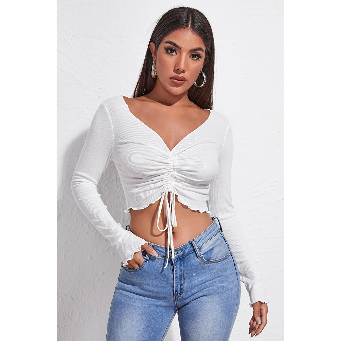 MARSiLYAN- Kadın Beyaz Uzun Kollu Büzdürme Bağcık Detaylı Crop Top Bluz