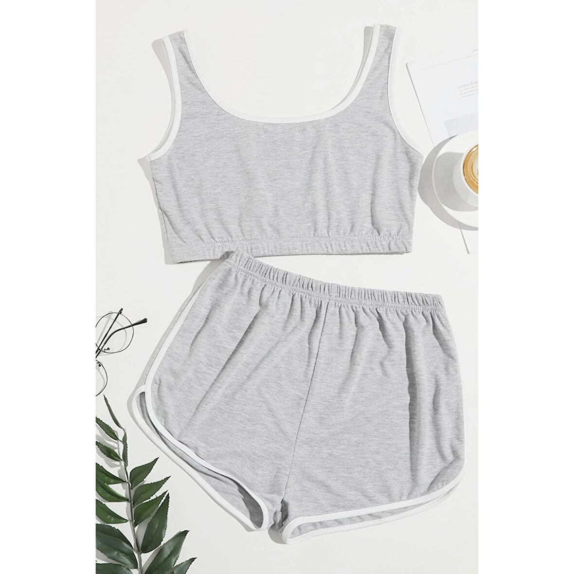 MARSiLYAN- Kadın Gri Askılı Crop Top ve Şortlu Gecelik Takım