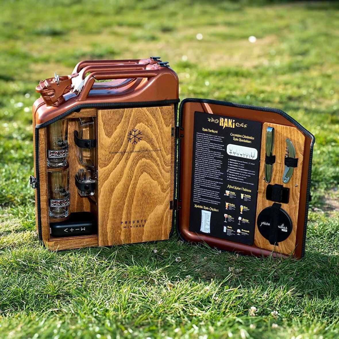 Çelik Bidon Termoslu Portatif Minibar / Full Aksesuar Rakı Konsept - Bronz