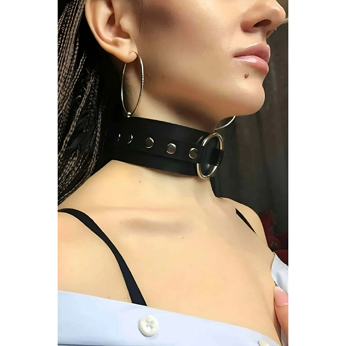 MARSİLYAN- Halka Detaylı Ayarlı Geniş Şerit Şık Deri Choker Boyun Aksesuar - APFT671