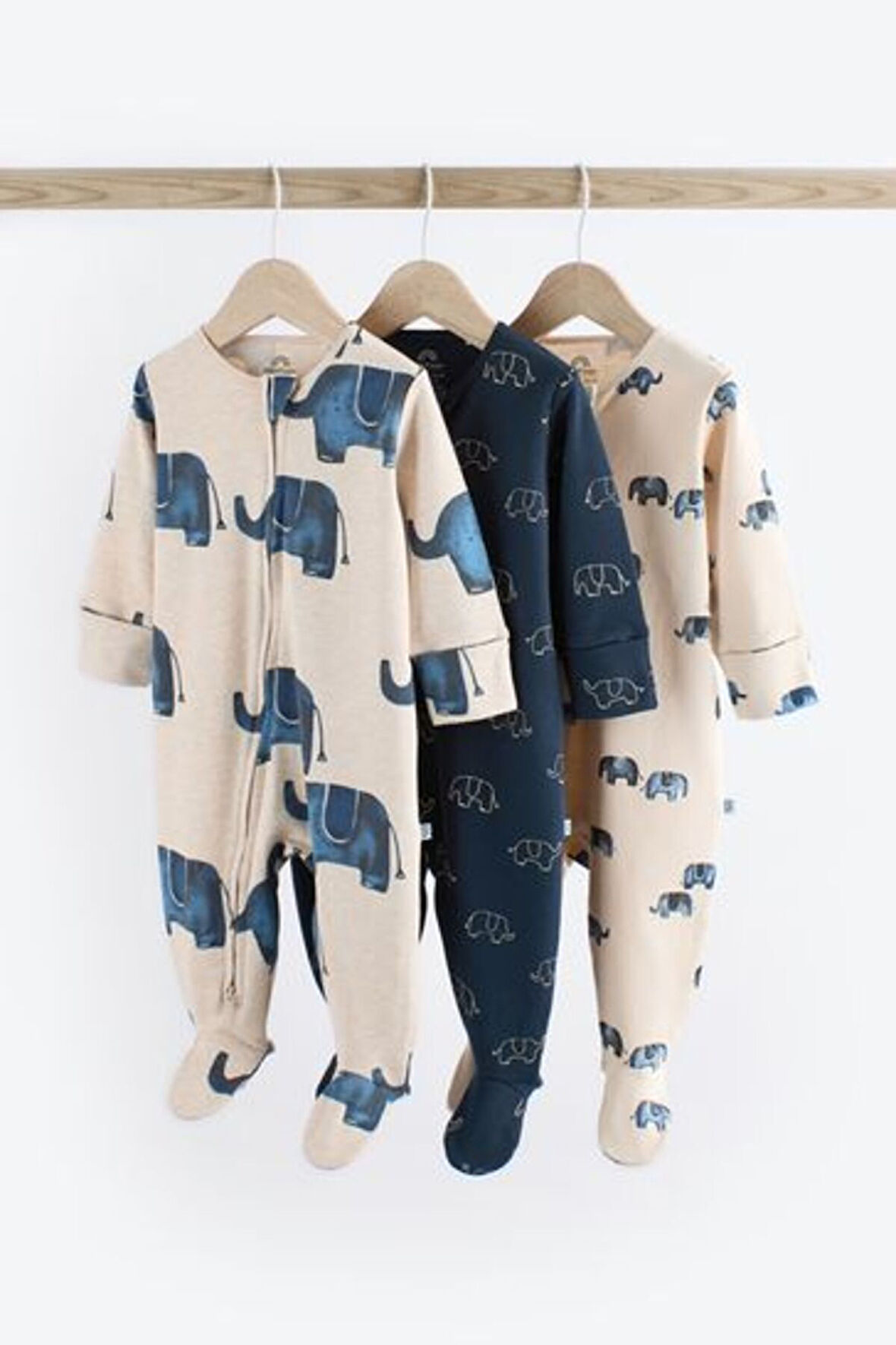 Next Baby % 100 Pamuklu Mvi Fil Desenli 3'lü Tulum Set