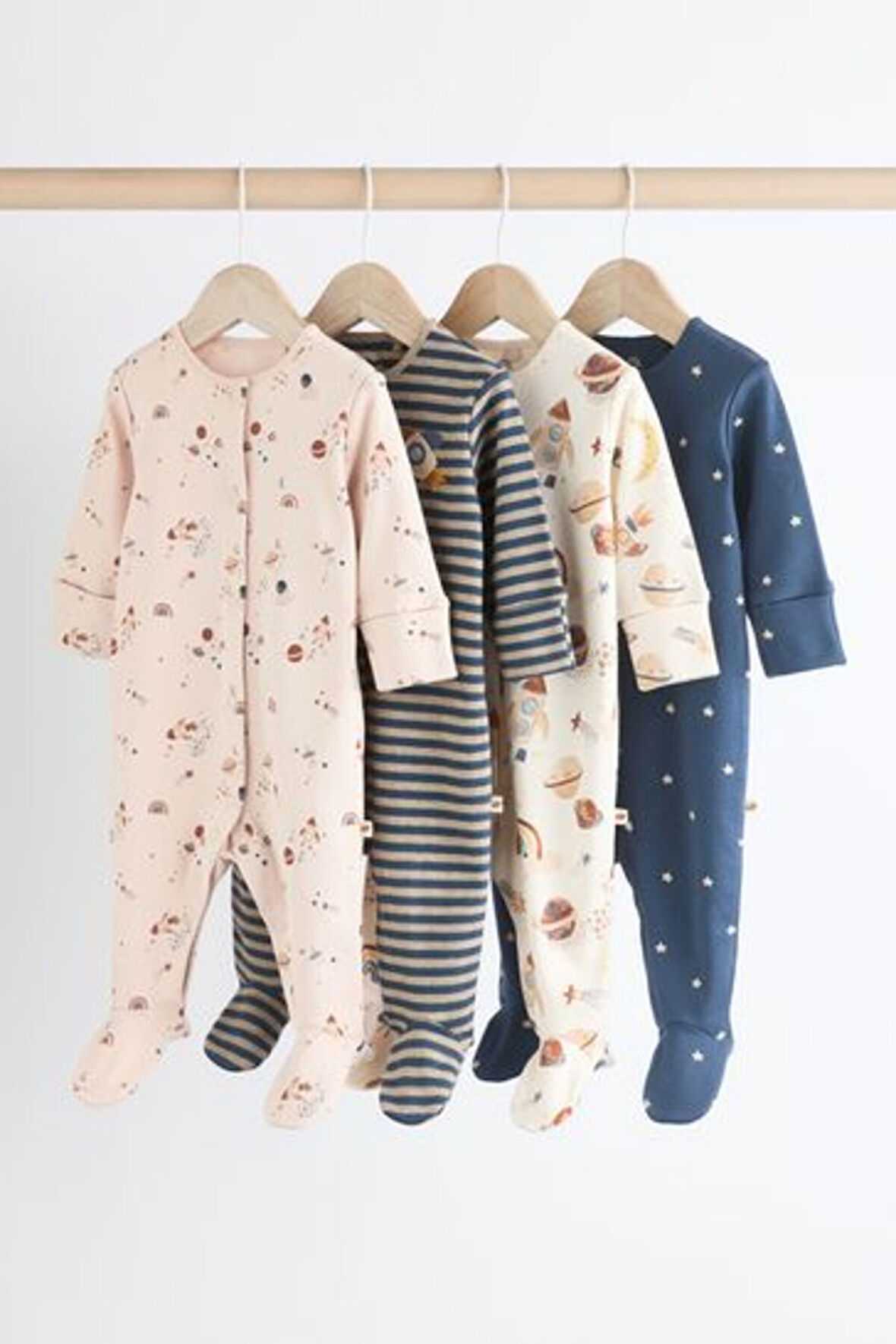 Next Baby % 100 Pamuklu Krem Mavi Uzay Temalı 4'lü Tulum Set