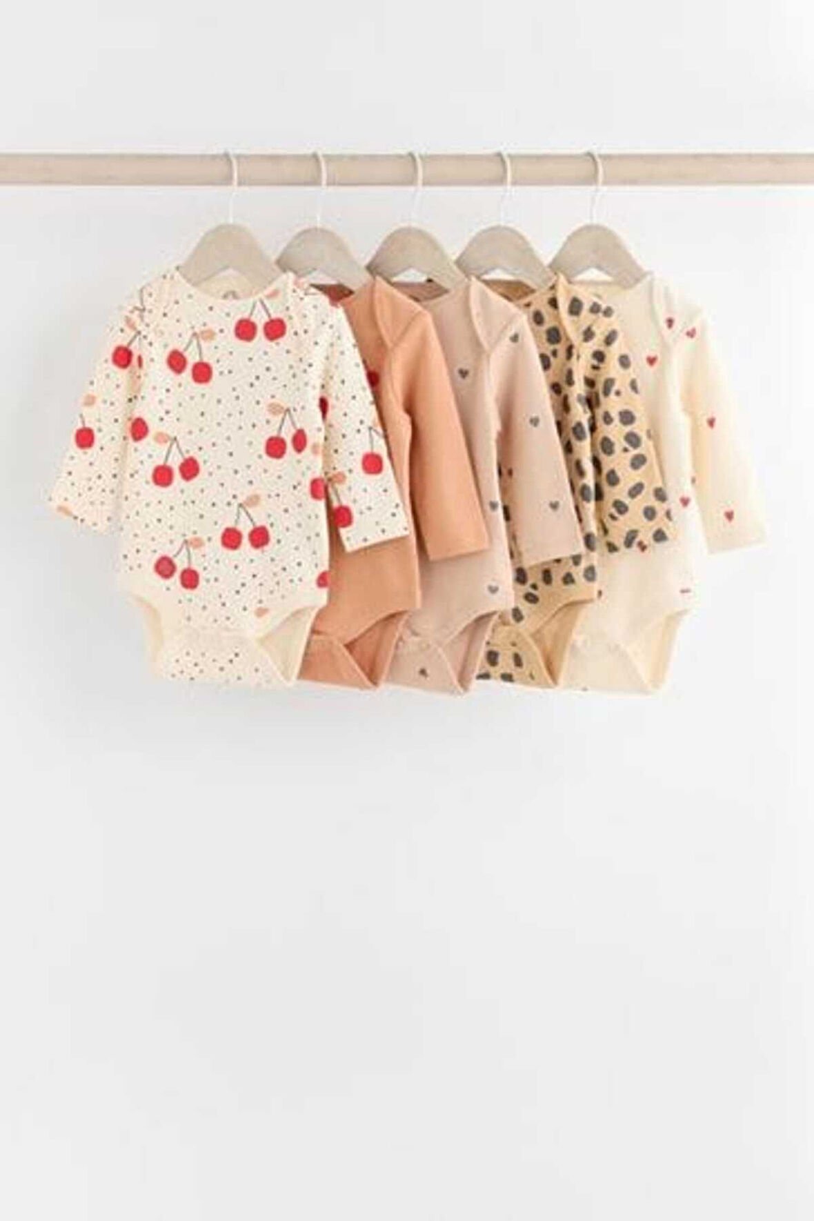 Next Baby % 100 Pamuklu Krem Kahve Kiraz Desenli Uzun Kollu 5'li Body Zıbın Set