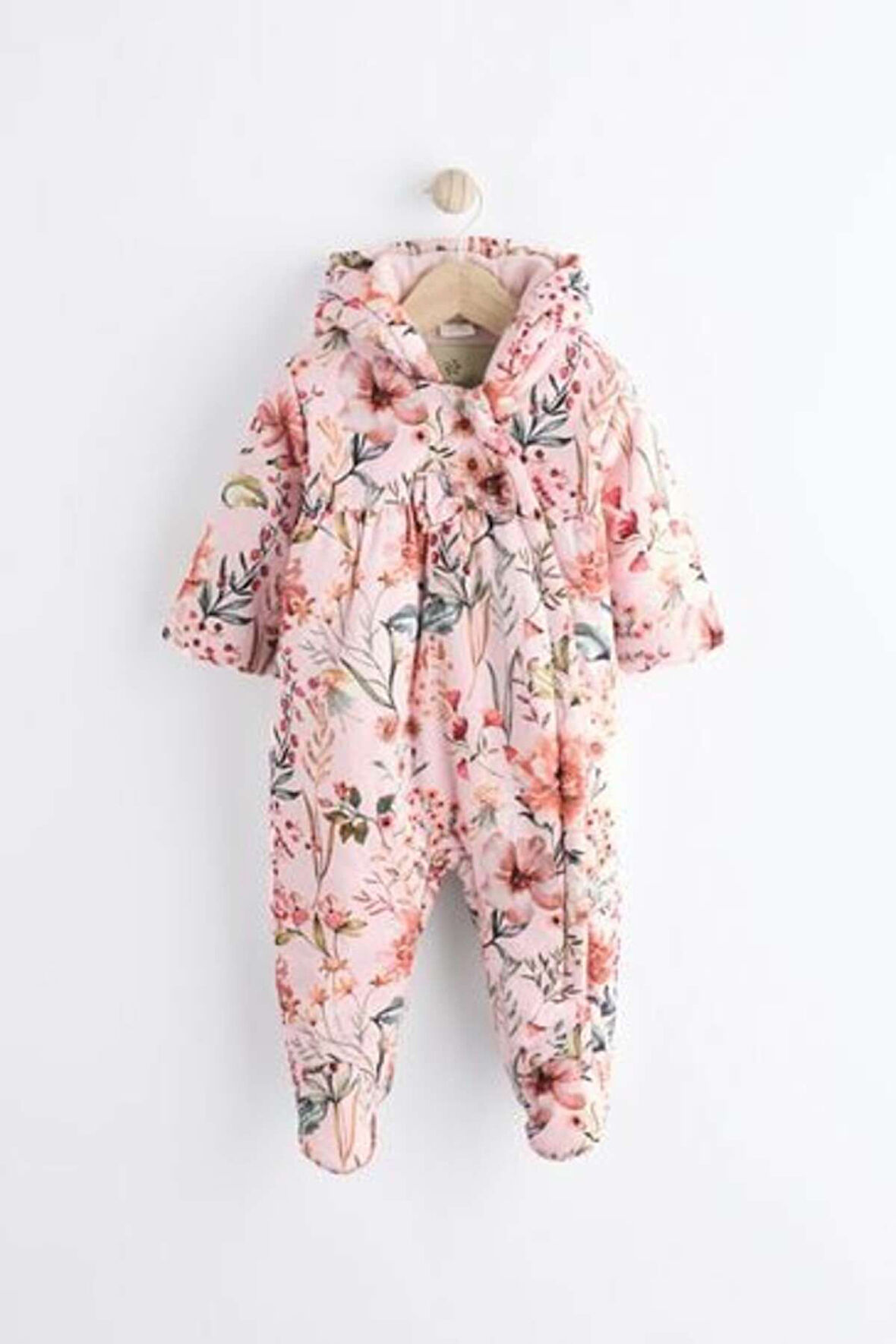 Next Baby Pembe Çiçek Desenli  Tam Polar Astarlı Kapitone  Astronot Tulum