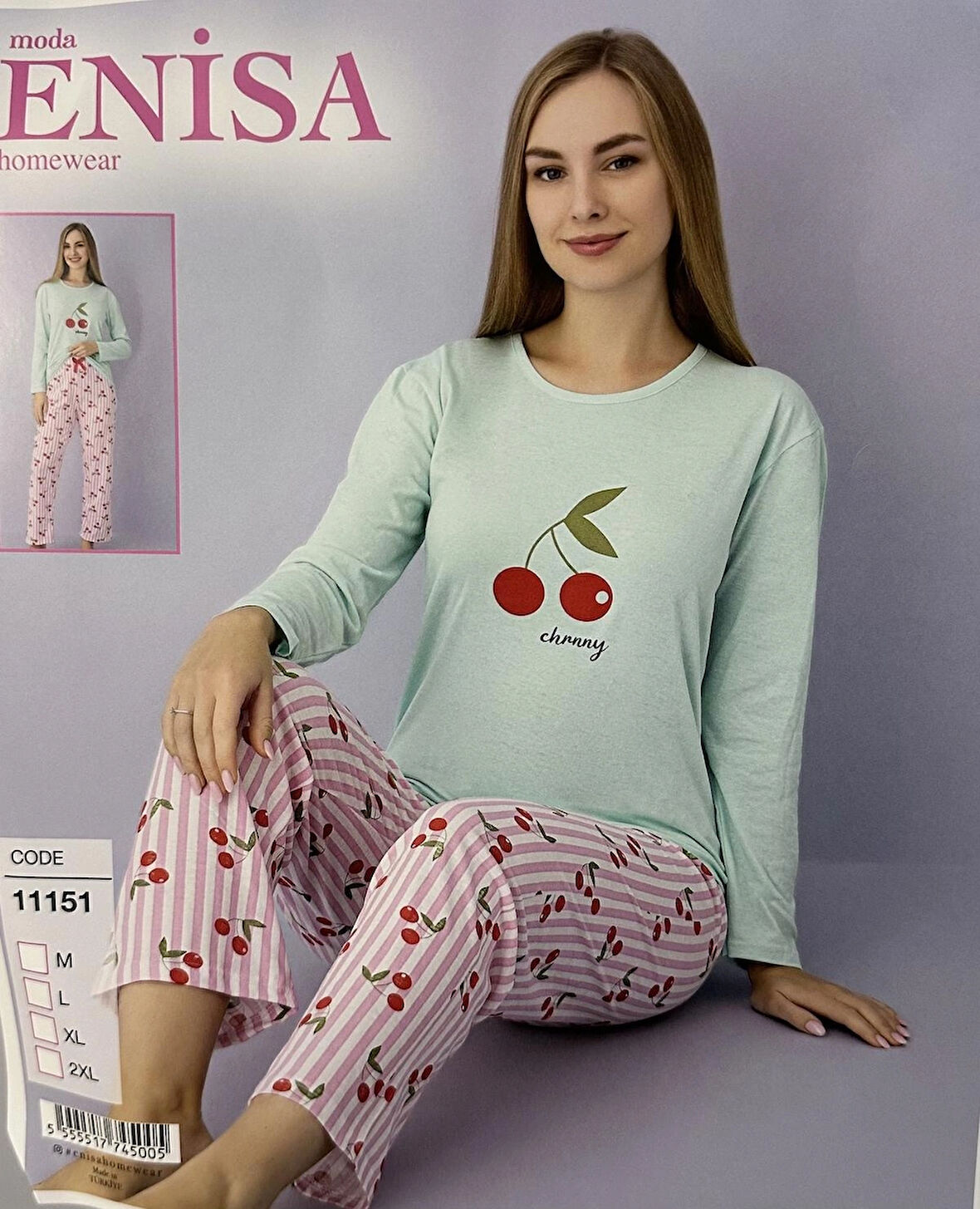 Kiraz desenli uzun kollu kadın pijama takımı