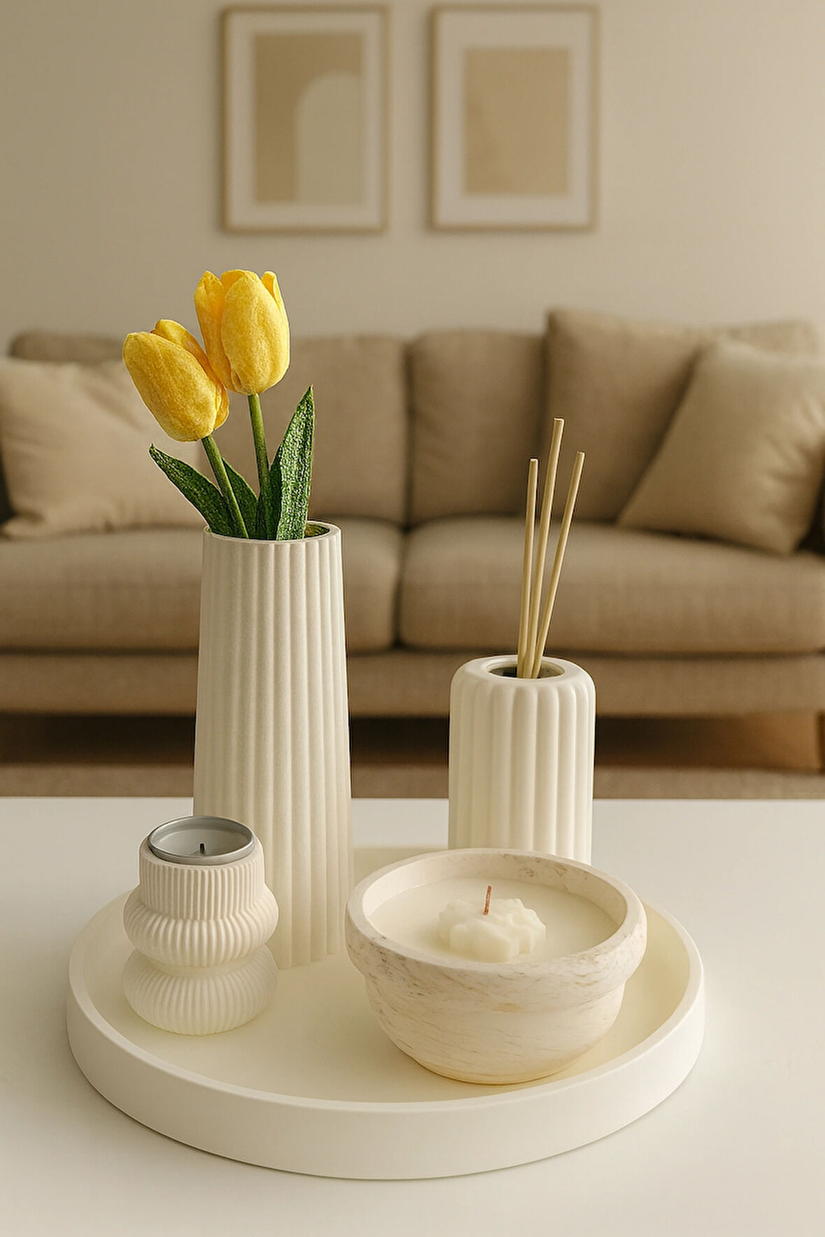 Dekoratif Beton Set – Vazo, Mumluk, Oda Kokusu ve Tepsi | Minimalist Ev Aksesuarları