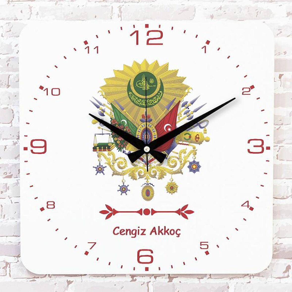 Kişiye Özel Osmanlı Tuğrası Tasarımlı Hediye Ahşap Saat 33cm KA01-1397