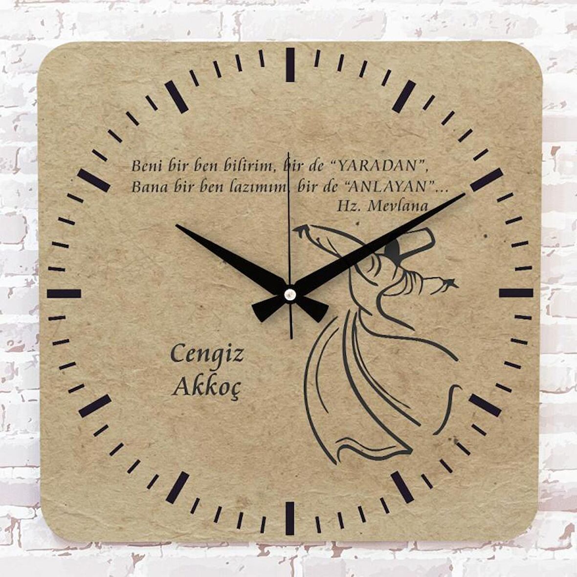 Kişiye Özel Hz. Mevlana Tasarımlı Hediye Ahşap Saat 33cm KA01-1404