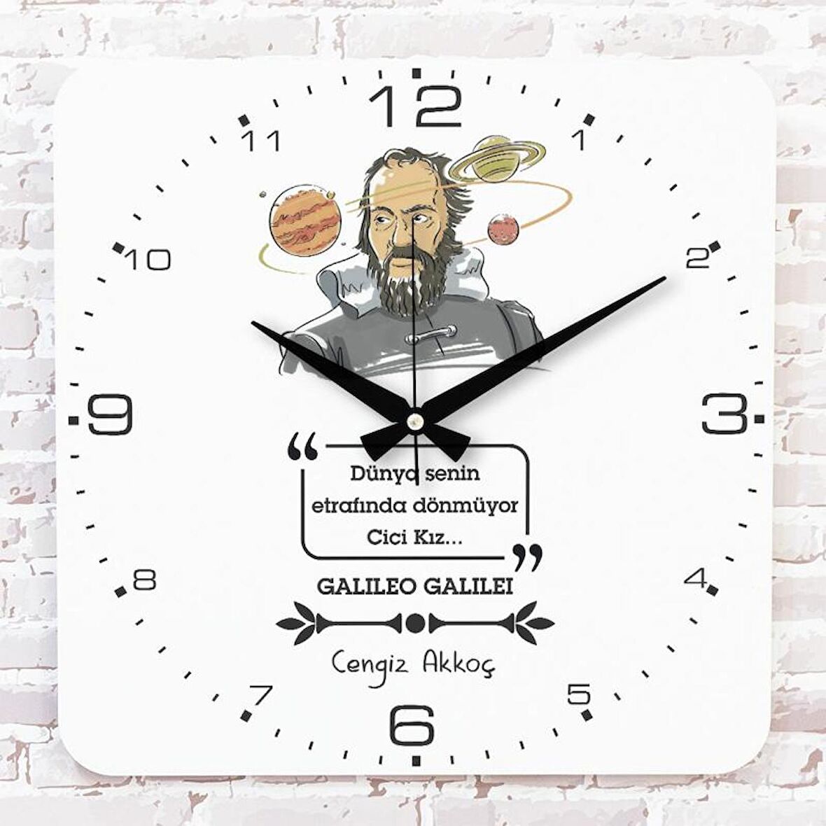 Kişiye Özel Galileo Galilei Tasarımlı Hediye Ahşap Saat 33cm KA01-1728
