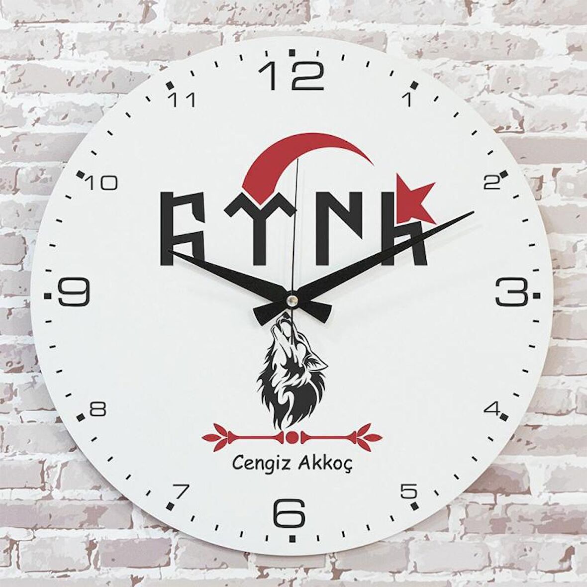 Kişiye Özel Göktürkçe Türk Tasarımlı Hediye Ahşap Saat 33cm  KA02-1391
