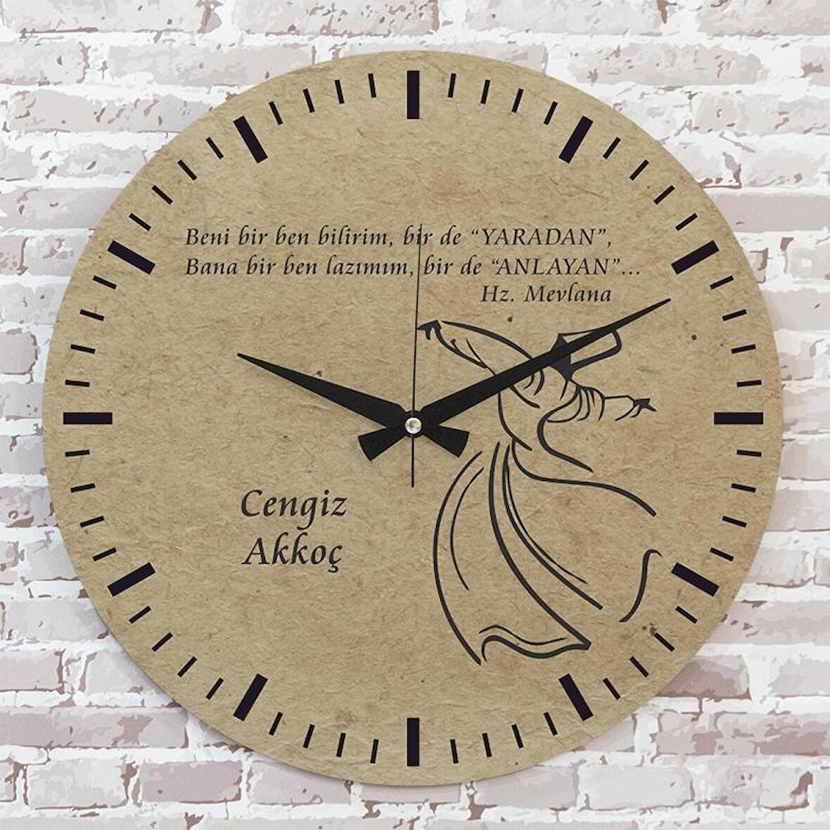 Kişiye Özel Hz. Mevlana Tasarımlı Hediye Ahşap Saat 33cm  KA02-1401