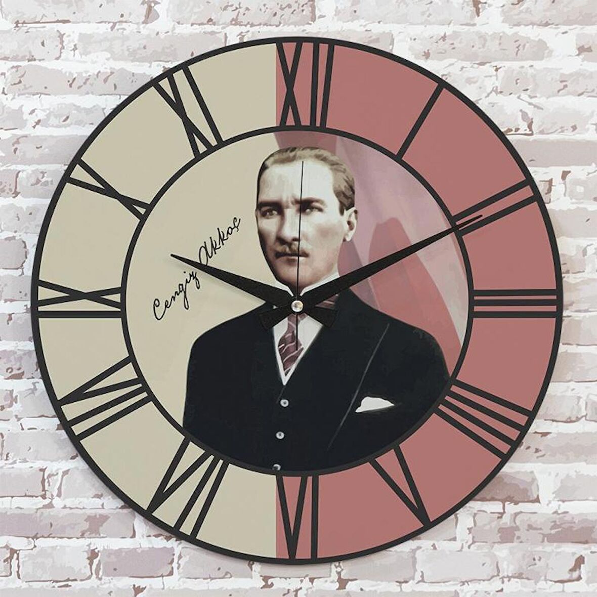 Kişiye Özel Atatürk Tasarımlı Hediye Ahşap Saat 33cm  KA02-1443