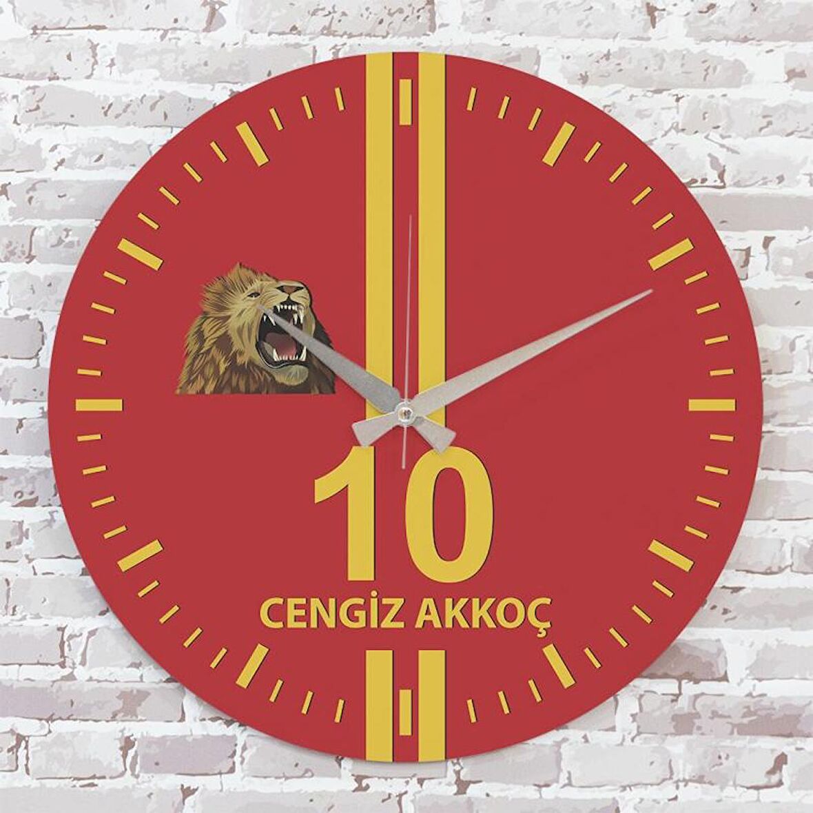 Kişiye Özel Sarı & Kırmızı Aslan Tasarımlı Ahşap Saat 33cm  KA02-1539