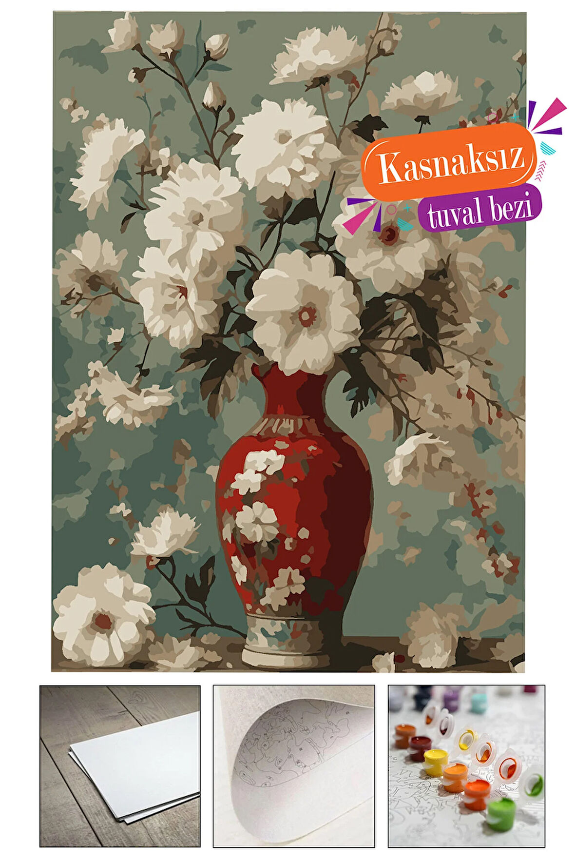 Özel Boyama Kağıdı Sayılarla Boyama Seti Boya ve Fırça Dahil (AHŞAPSIZ) - KIRMIZI VAZO