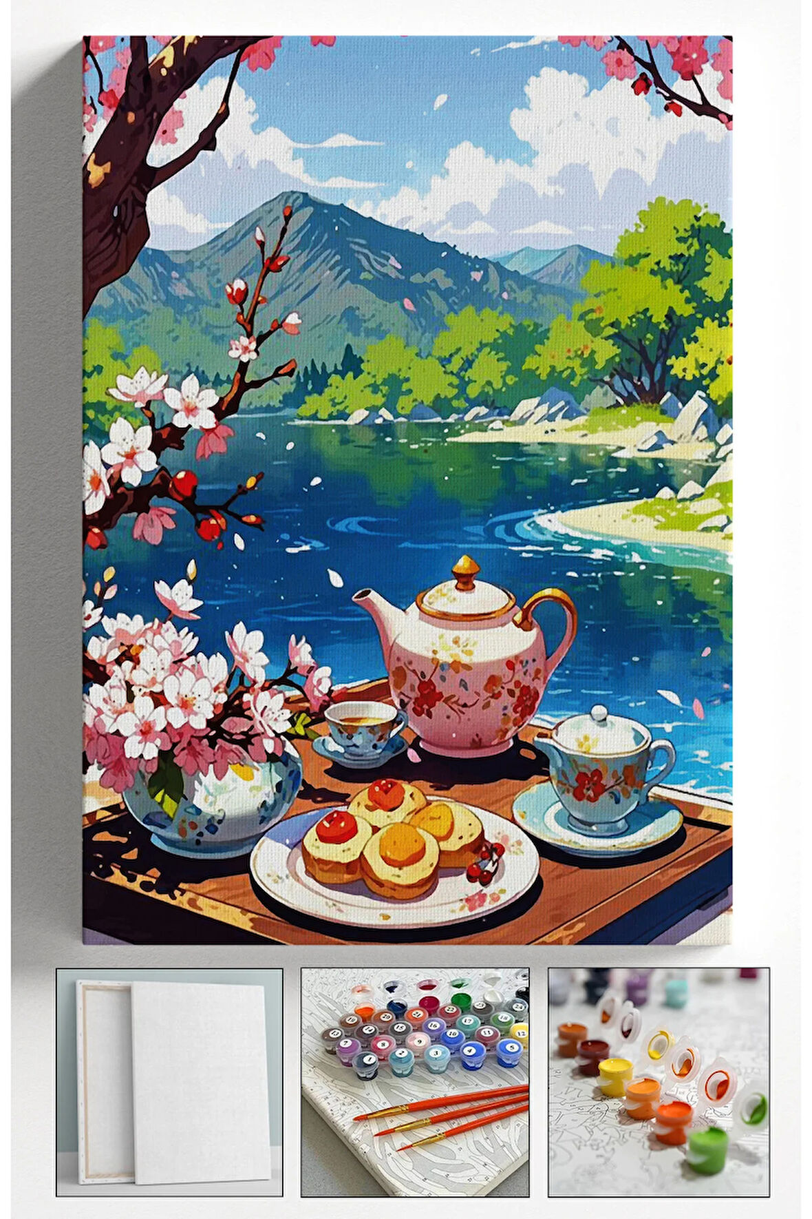 Sayılarla Boyama Çerçeveli Hobi Seti Numaralı Tuval Fırça Boya Dahil Kasnaklı KAHVALTI 40X50 Cm