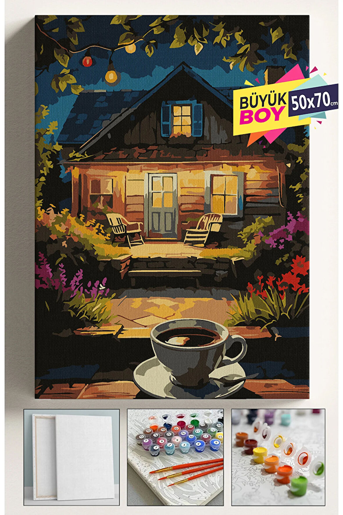 Sayılarla Boyama Seti Numaralı Tuval Fırça Boya Dahil Kasnaklı Set 50x70 Cm - KAHVE VE EV