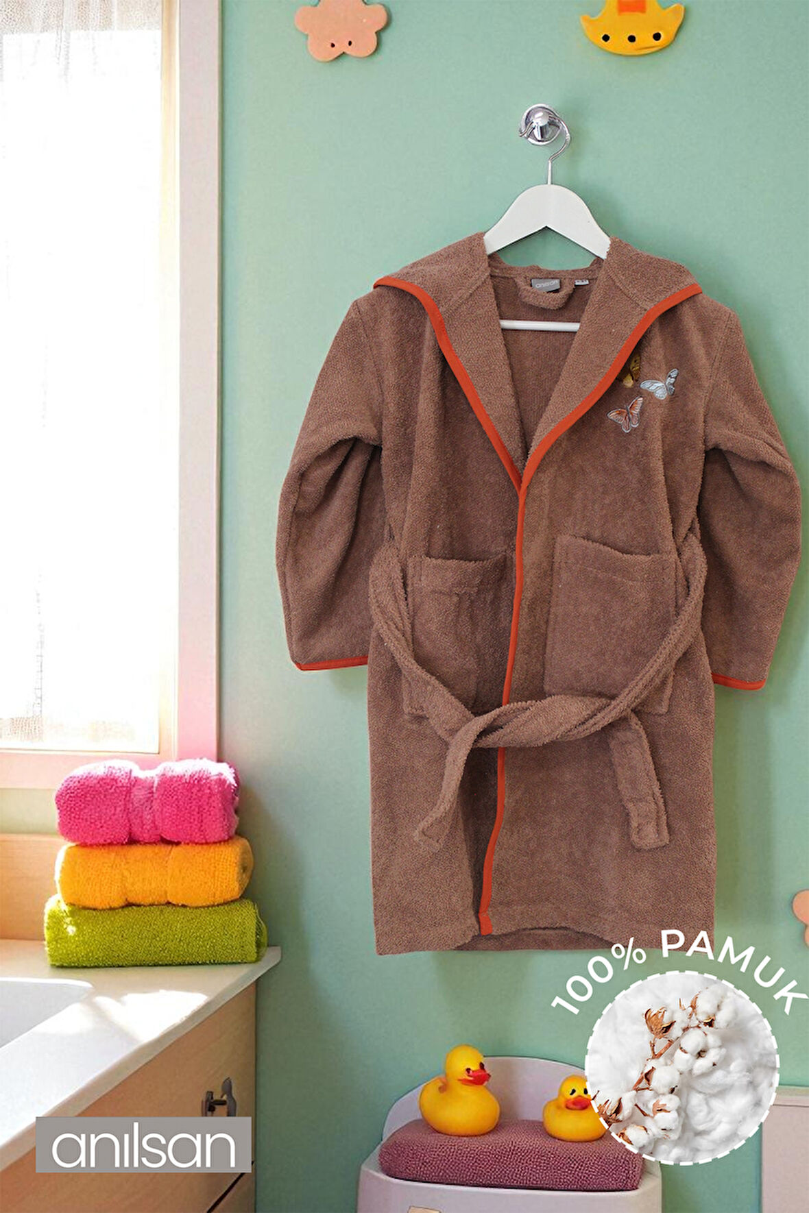 %100 Pamuklu Kahverengi Çocuk Bornozu - 6-8 Yaş - Yumuşak, Nefes Alabilir