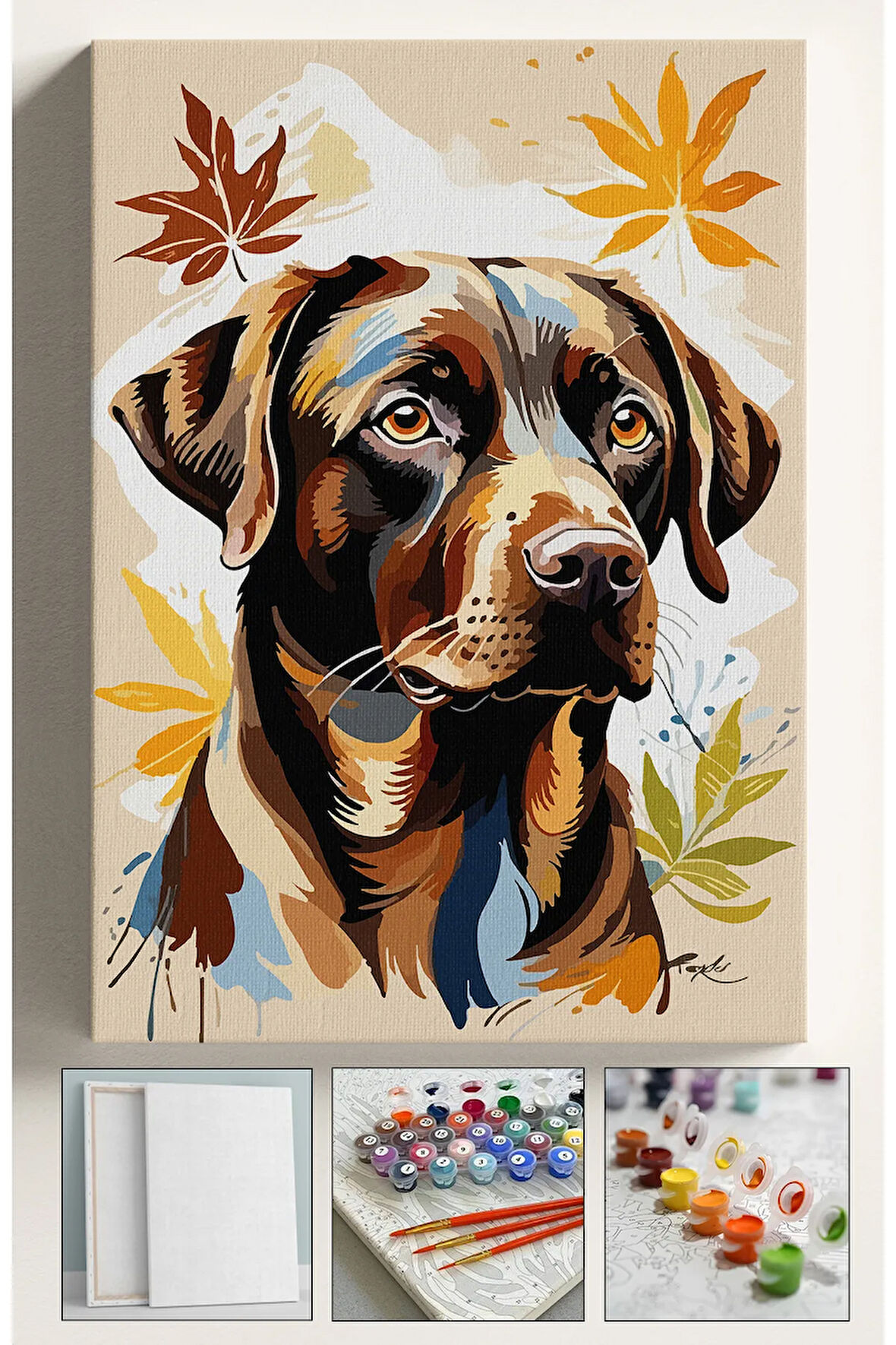 Sayılarla Boyama Çerçeveli Hobi Seti Numaralı Tuval Fırça Boya Kasnaklı 40X50 Cm - KAHVERENGİ KÖPEK